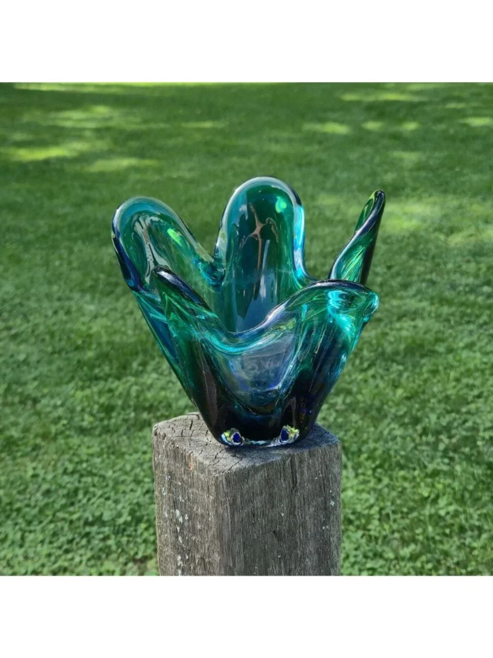 Turquoise Aquamarine Handkerchief Glass Vase MCM Mod Rippled VTG Sculptural Art